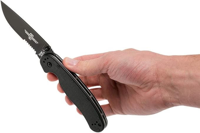 Ontario Knife Co. 8847 Rat-1 Black Coated AUS-8 Stainless Steel 3.6 in Serrated Edge Blade Nylon Handle 4-Position Reversible Clip Folding Knife for Outdoor, Tactical, Survival & EDC (Black)