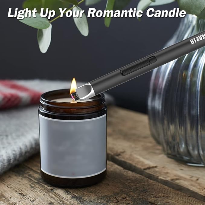 Electric Lighter, Candle Lighter USB Rechargeable Lighter, Arc Windproof Flameless Plasma Lighter Long Stick with Rope and Ring, Perfect for Candle BBQ Camping Kitchen Stove, Black