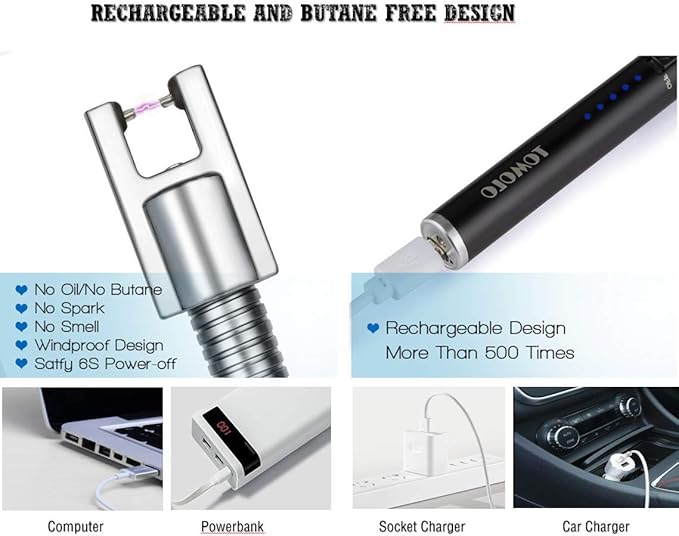 Electric Rechargeable Candle Lighter Grill Lighter Arc Lighter with Flexible Neck, LED Battery Display Safety Switch for Candle Camping Cooking BBQs Fireworks (Black&Silver)