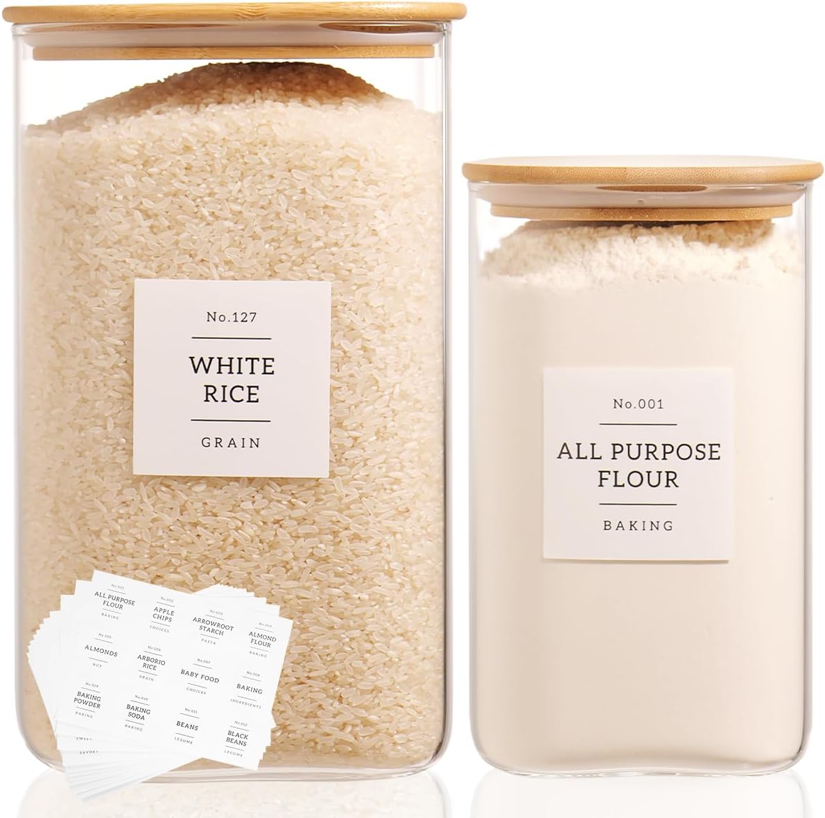 2 Pack large Square Glass Flour and Sugar Containers with 132 Kitchen Pantry Labels - 149 floz & 71 floz - Glass Jars with Airtight Bamboo Lid - Glass Rice Canisters for Coffee, Pasta, Cookie, Cereal