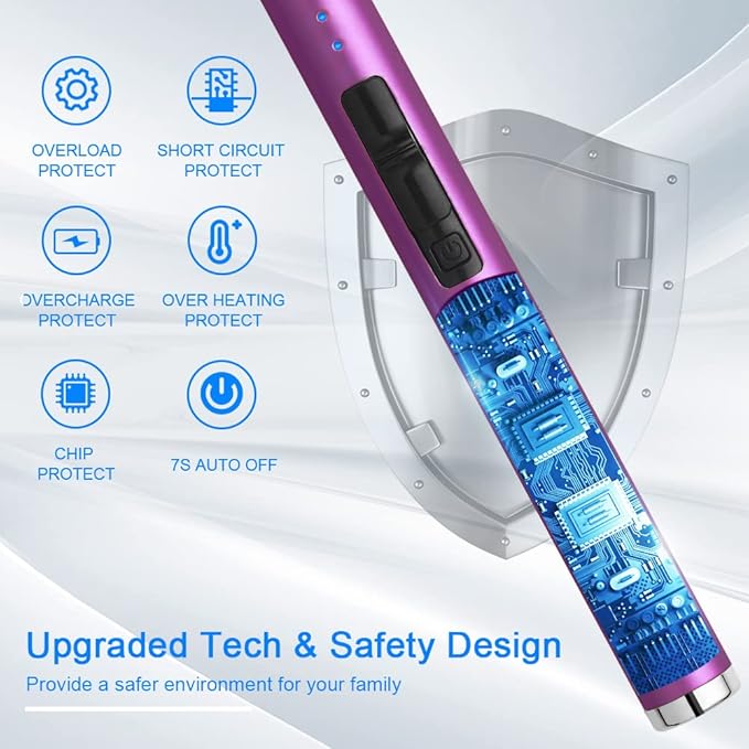 USB Rechargeable Candle Lighter Electronic Arc Lighter Windproof Flameless with Safety Button for Camping Cooking BBQ (Purple)
