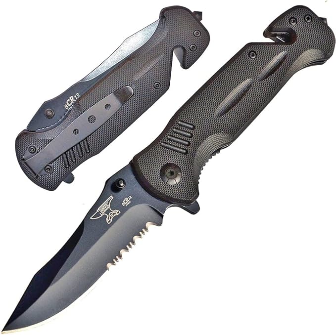 BULLSHARK 8CR13 - Folding Pocket Knife - Serrated Blade Black Assisted Open
