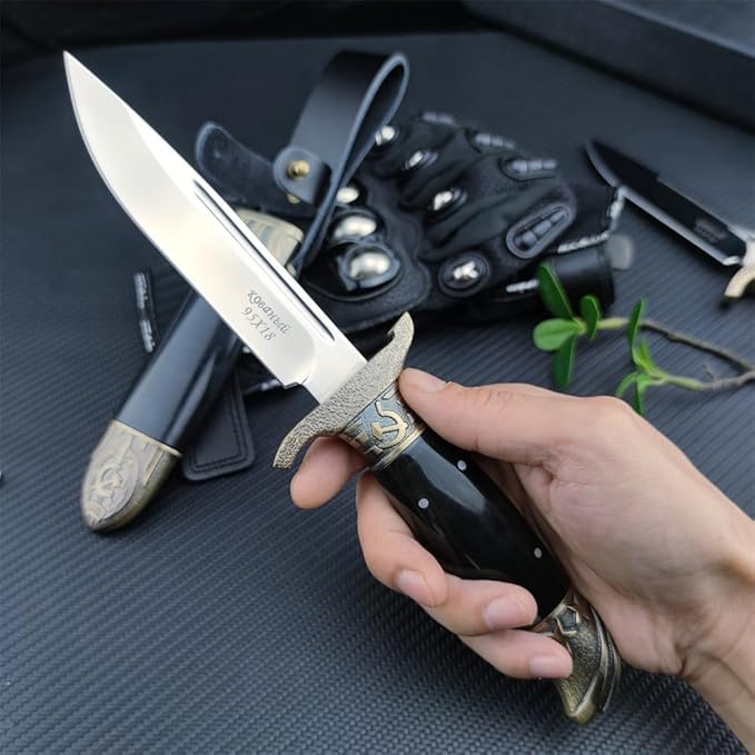 Outdoor Bushcraft Fixed Blade Survival Knife with Sheath - 5.15 in Mirror Blade Zinc Alloy + Resin Handle - Full Tang Bowie Knife for Collectors - Best for Hunting Camping Fishing, Black