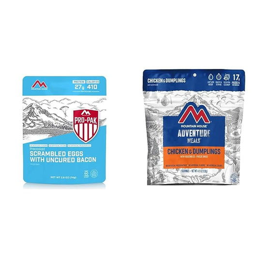 Mountain House Scrambled Eggs with Bacon Pro-Pak + Mountain House Chicken & Dumplings Freeze Dried Backpacking & Camping Food