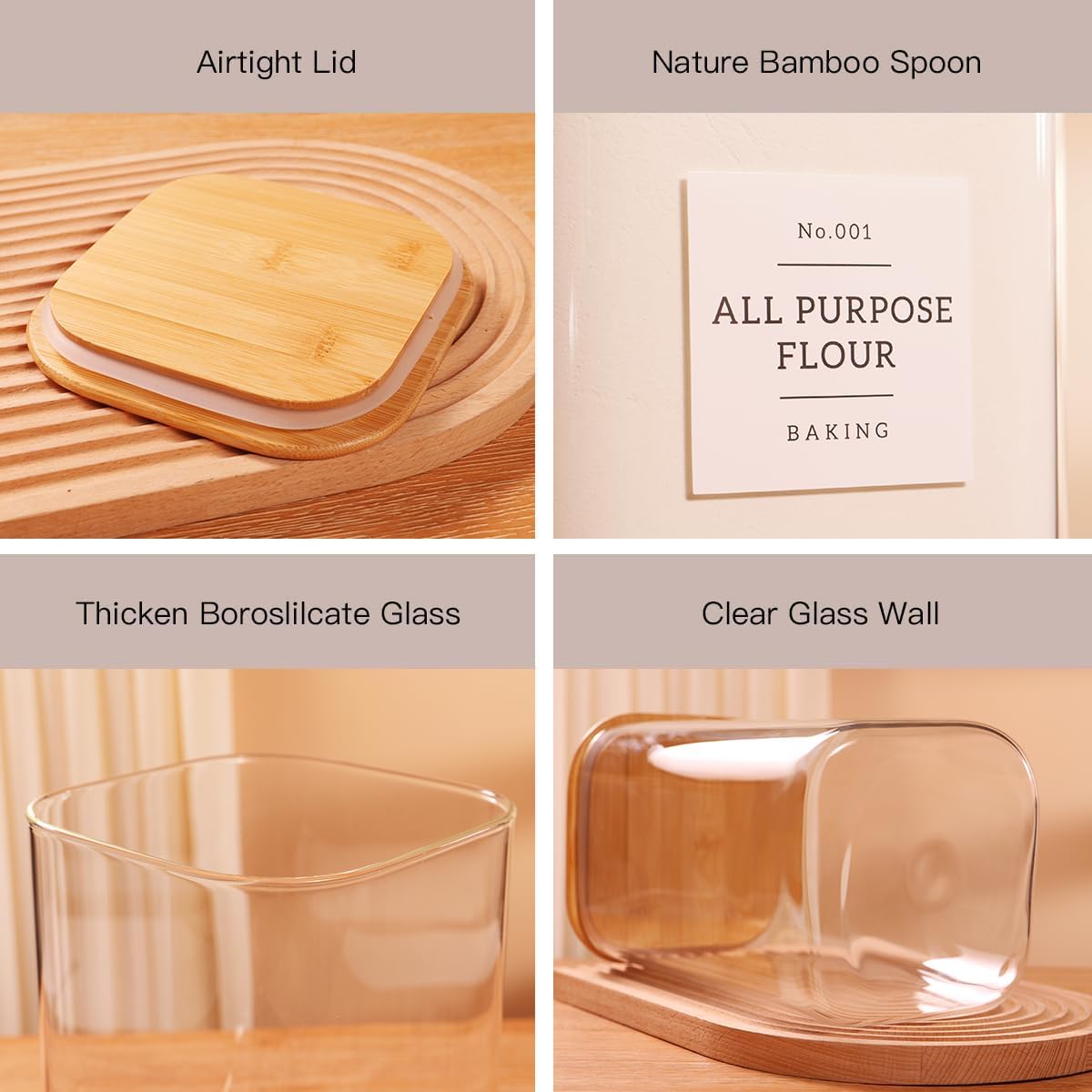 2 Pack Square Glass Flour and Sugar Containers with 132 Kitchen Pantry Labels - Thicken 149 FL OZ Large Glass Storage Jars with Airtight Bamboo Lid - Big Food Canisters for Rice, Pasta, Cookie