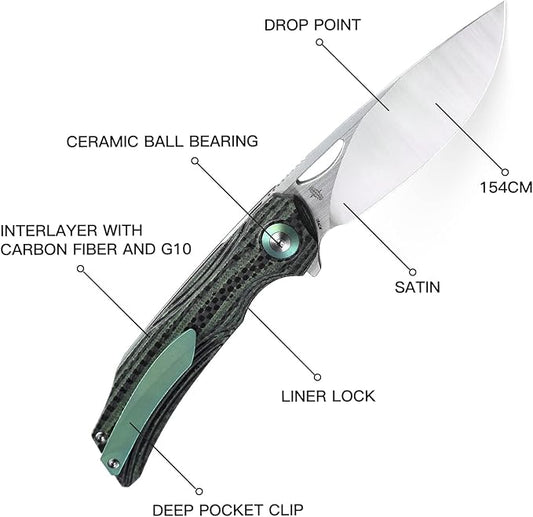 BESTECH KNIVES Pocket Folder Folding Knife: 3.54" 154CM Steel Satin Blade, Carbon Fiber and G10 Scales, Flipper, Liner Lock, EDC Titanium Clip, BL01C (Black Green)