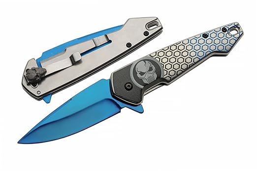 SZCO Supplies 7.75” Blue Titanium Finished Predator EDC Folding Knife With Pocket Clip