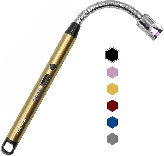 YOZWOO Candle Lighter Rechargeable USB C Lighter Windproof Flameless Plasma Arc Lighter 360° Flexible Neck Design Lighter with LED Battery Display for Candle, Fireworks, Cooking (Gold)