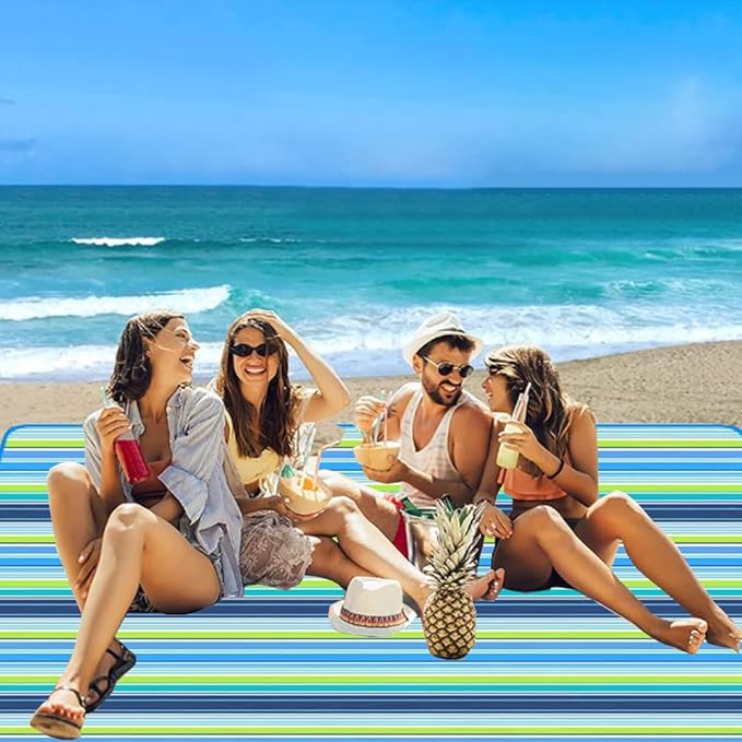 Picnic Blanket | Beach Mat|Picnic Blanket for Indoor and Outdoor, 80" x 57" Sandproof Waterproof Larger Mat for Beach, Travel, Camping, Hiking, Park Grass,Handy Mat Tote, Foldable (Blue Line) …