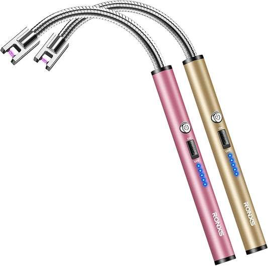 RONXS Lighter Electric Lighter Rechargeable Arc Type C Candle Lighters with LED Battery Display, Flexible Neck Windproof Flameless Plasma Long Lighters for Candle BBQ Camping (N-Pink&Gold)