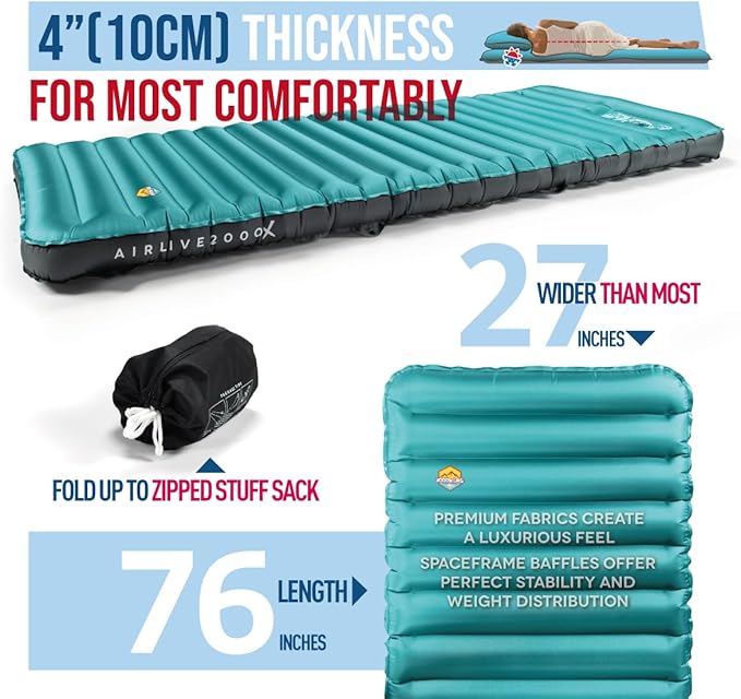 ZOOOBELIVES 3D Wrapping Inflatable Camping Sleeping Pad with Built-in Pump, Extra Thick and Wide, Ultimate Comfortable Compact Camp Air Mat for Tent, Car Traveling and Backpacking - Airlive2000X
