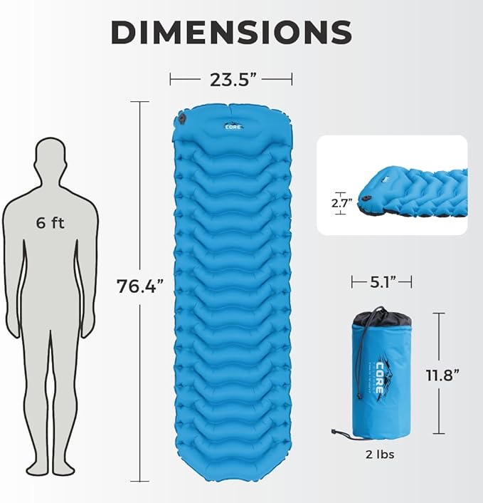 CORE Sleeping Pad for Camping | Perfect Ultralight Sleeping Mat for Tents, Camping Cot & Backpacking Gear | Lightweight & Inflatable Blow Up Mattress for Travel, Hiking & Outdoor Use
