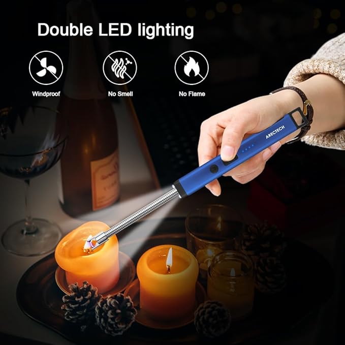ARECTECH Lighter Candle Lighter Electric Lighter Rechargeable USB Arc Lighters for Candle Camping Fireworks Christmas Birthday Gifts with LED Light for Men Women Blue