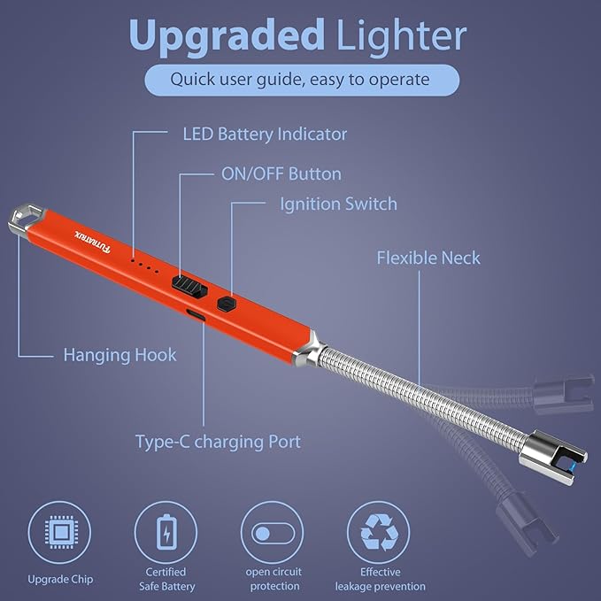 Electronic Candle Lighter Arc Windproof Flameless USB Rechargeable Electric Lighter (1 Pack - Orange)