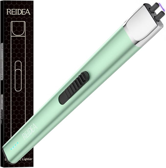 REIDEA Electric Lighter R1 Flat Candle Lighter, Windproof Flameless USB Rechargeable Arc Lighter with Safe Button and Power Indicator for Candle, BBQ and Fireworks, Mint Green