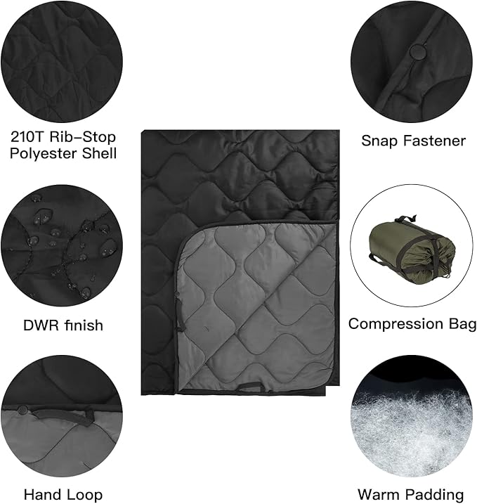 Military Poncho Liner 55”x 79” Camping Blanket Woobie Compact Waterproof for Travel Stadium Outdoor Camping