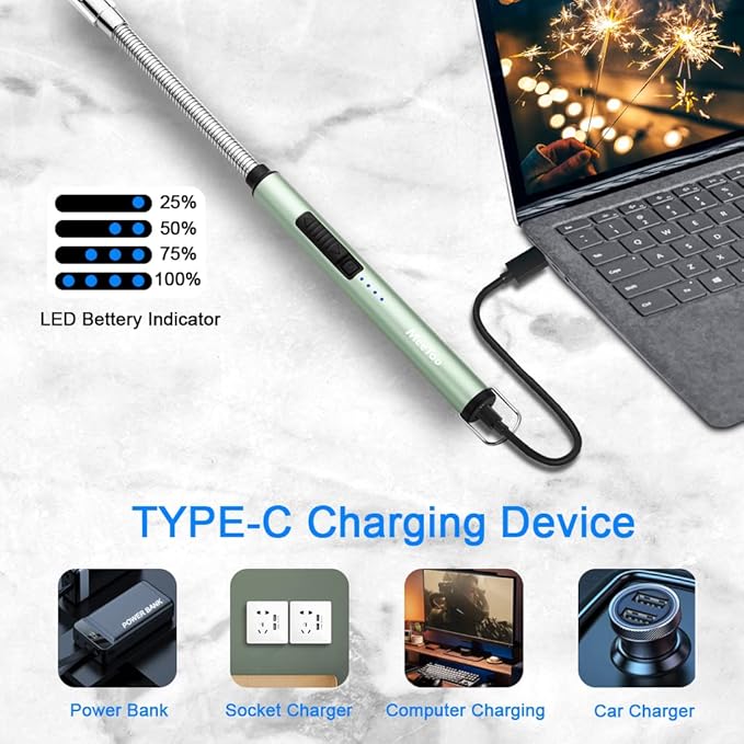 MeeToo Lighter Electric Candle Lighter Rechargeable USB Lighter Plasma Arc Lighter for Candle Camping (Green)