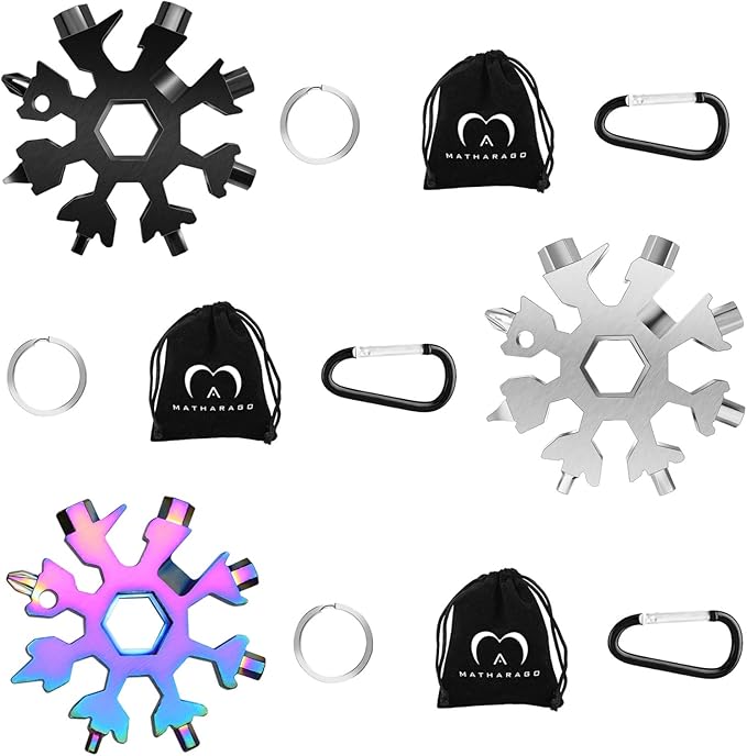 Snowflake Multitool, 3pcs Snowflake Tool Stainless Steel 18 in 1 Snowflake Multitool with Carabiner Clip, Keyring and Storage Bag for Christmas Gift Men's Present(black silver multicolor）