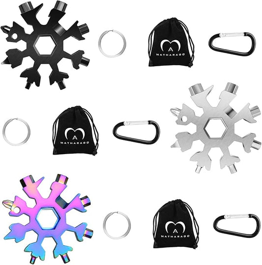 Snowflake Multitool, 3pcs Snowflake Tool Stainless Steel 18 in 1 Snowflake Multitool with Carabiner Clip, Keyring and Storage Bag for Christmas Gift Men's Present(black silver multicolor）