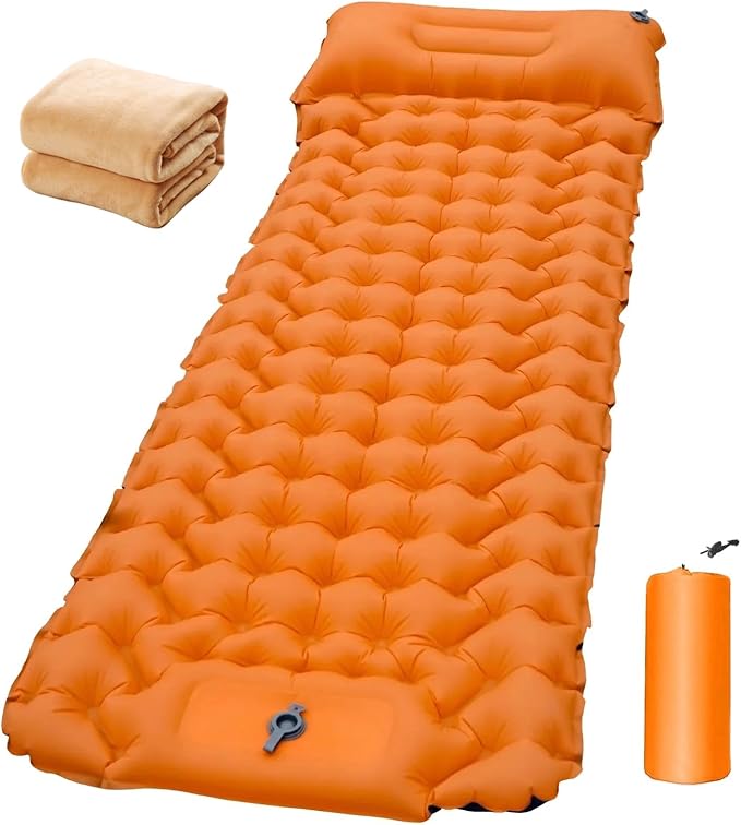 Inflatable Sleeping Pad for Camping, 77''X26'', Sleeping Mat with Built-in Pump, Airpad, Carry Bag, Repair Kit - Compact & Lightweight Air Mattress for Camping Hiking Backpacking (Orange)