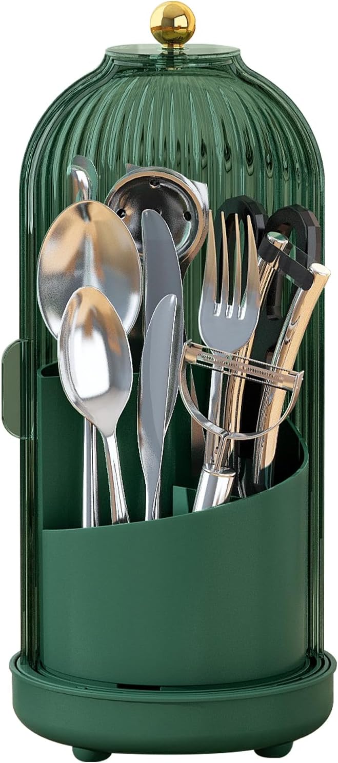 JEESA Utensil Holder with Lid, 360° Rotating Flatware Organizer for Cutlery Spoon Fork(H Less 8"), Silverware Caddy Organizer Drainage Dustproof Flatware Holder Kitchen Countertop Storage, Green
