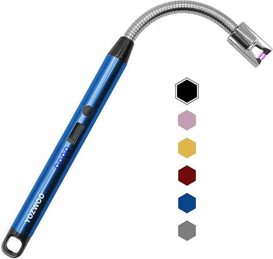YOZWOO Electric Candle Lighter Plasma Flameless Electronic Lighter Arc Windproof USB Lighter Rechargeable Lighter with Safety Lock LED Battery Display for Camping, BBQ, Grill (Blue)