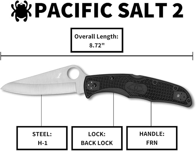 Spyderco Pacific Salt 2 Lightweight Knife with 3.78" Corrosion Resistant H-1 Steel Blade and Black Non-Slip FRN Handle