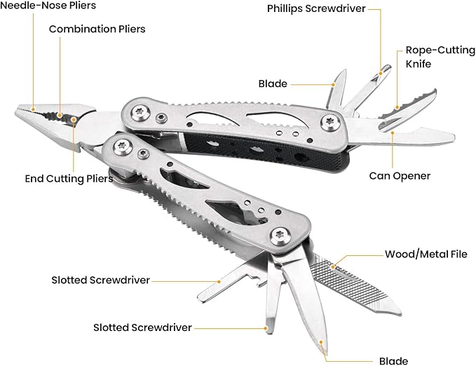 Multitool Pliers,12 in 1 Multi Tool for Outdoor Stainless Steel with Spring-Action Pliers, Folding Saw, for Outdoor,Fishing, Camping, Hiking, Repair, Gifts for Men