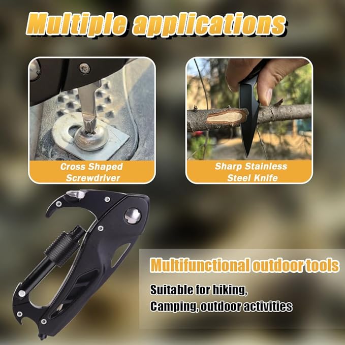 Multitool Carabiner with Pocket Knife, EDC Carabiners Keychain with Folding Knives, Survival Gear for Camping Hiking with a Whistle, Bottle Opener, Window Breaker, Screwdriver, Gifts for Men