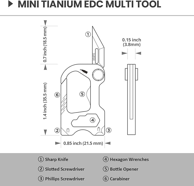 Multitool Carabiner with Pocket knife, Small Multi Tools Keychain Clip, 6 in 1 Mini Titanium EDC Keychain with Bottle Opener, Box Cutter, Wrench, Screwdriver, Emergency Survival Gear for Men