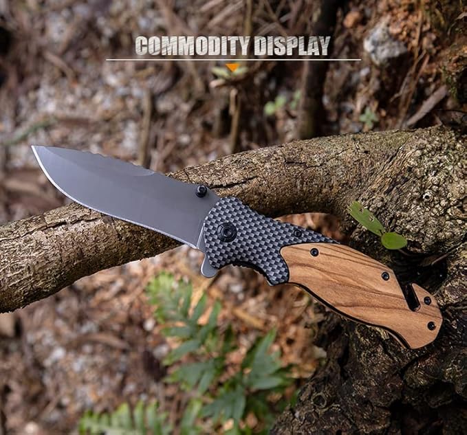 BST – Pack of 1 Small EDC Pocket Folding Knife - Titanium Coating Knife Blade, 440C Stainless Steel Knife with Plain Wood Handle