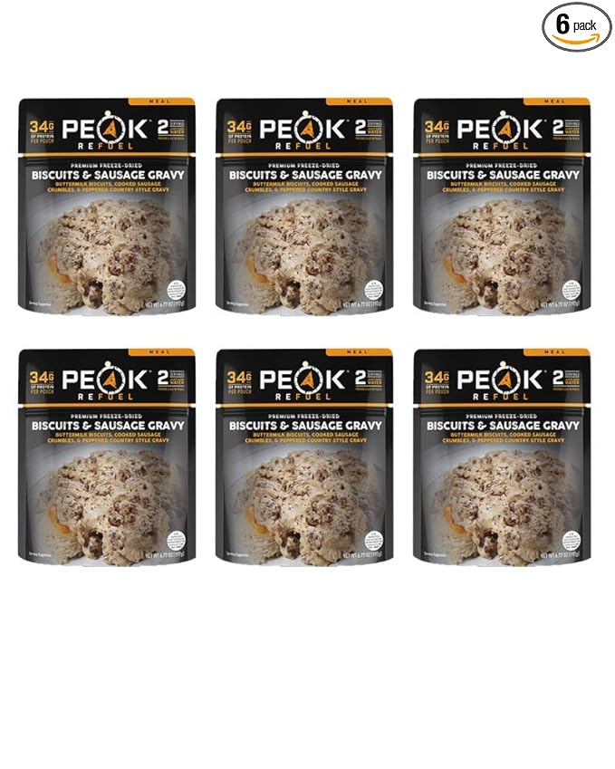 Peak Refuel Biscuits and Gravy | Premium Freeze Dried Camping Food | Backpacking & Hiking MRE Meals | Just Add Water | 100% Real Meat | 53g of Protein | 2 Serving Pouch (6 Pack)
