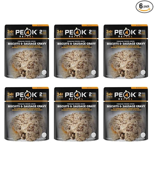 Peak Refuel Biscuits and Gravy | Premium Freeze Dried Camping Food | Backpacking & Hiking MRE Meals | Just Add Water | 100% Real Meat | 53g of Protein | 2 Serving Pouch (6 Pack)