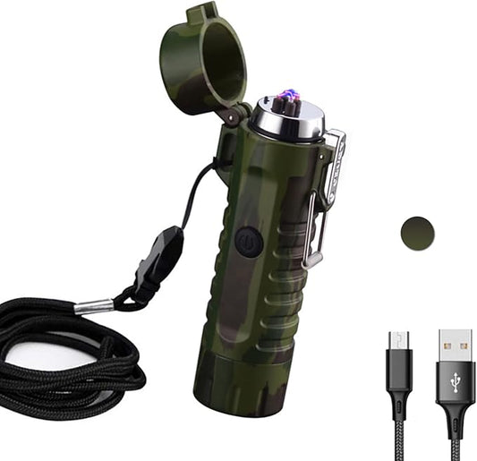 Electric Lighter Rechargeable, Waterproof Lighter Plasma Lighter with Flashlight Windproof ARC Lighter Flameless for Camping Hiking(Camouflage)