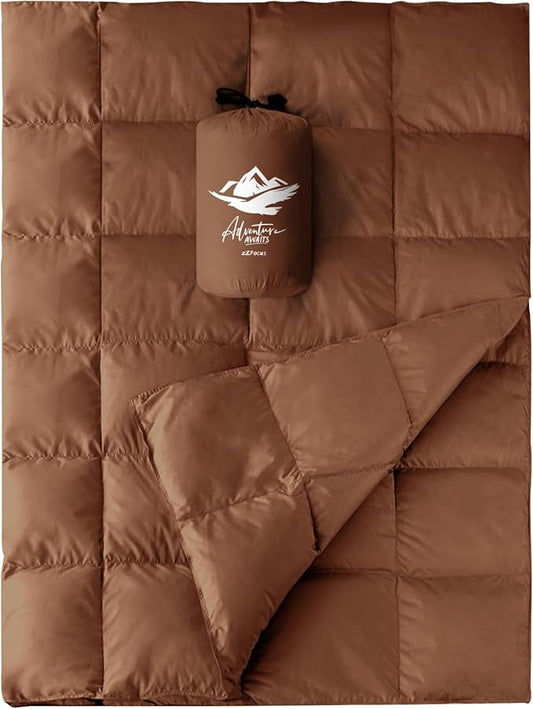 Soft Down Blanket Fluffy Lightweight Warm, Compact Portable Travel Throw Camping Blanket & Pillow Cushion, Airplane Train Beach Glamping Indoor Outdoor, 800 Fill Power 50x70’’ Brown