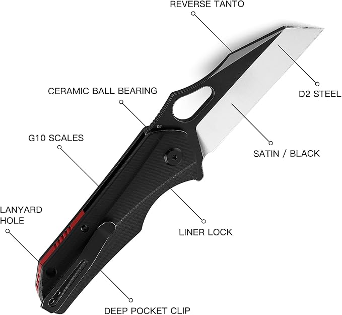 BESTECH KNIVES Pocket Folder Folding Knife: 3.47" D2 Steel Satin+Balck Reverse Tanto Blade, G10 Scales, Flipper, Liner Lock, EDC Steel Clip, BG36A (Black)