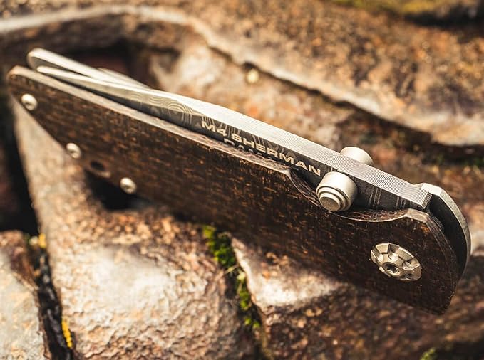 Böker Manukaftur Solingen M4 Sherman Damascus - Folding Collector's Pocket Knife Crafted from Recovered M4 Tank Materials, Made in Germany