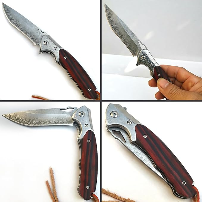 Damascus Pocket Knife with Clipand Leather Sheath, Folding Knife with VG10 Damascus Steel Blade,Wooden Handle, Foldable EDC Knife for Outdoor Survival