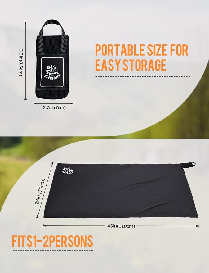 DEERFAMY Outdoor Pocket Blanket(43x28), Waterproof Windproof Picnic Blanket Folding Packable Blanket with Triangular Sand Pocket, Eco-Friendly Blanket for Hiking, Camping, Beach and Concert, Black