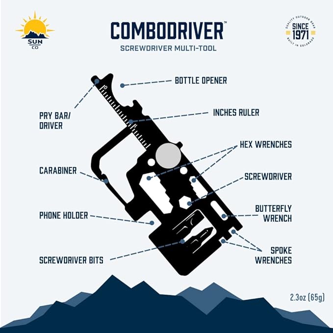 Sun Company ComboDriver - Screwdriver Carabiner MultiTool with 18 Functions Including Screwdriver, Hex Wrench, Pry Bar, and Bottle Opener | Handy Gadget for Camping, Hiking, Hunting, or EDC