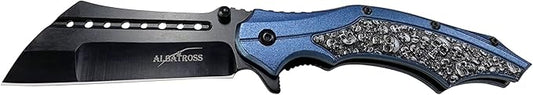 ALBATROSS Folding Pocket Knife, 3" Black Blade, 4.75" Aluminum Handle with the skull pattern, Liner Lock (Blue)