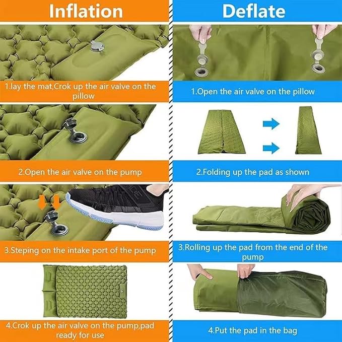 Double Sleeping Pad for Camping, Self-Inflating Sleeping Mat with Built-in Foot Pump, Air Mattress with Pillows, Foldable Camping Sleeping Pad for Hiking, Backpacking, Traveling (Green)