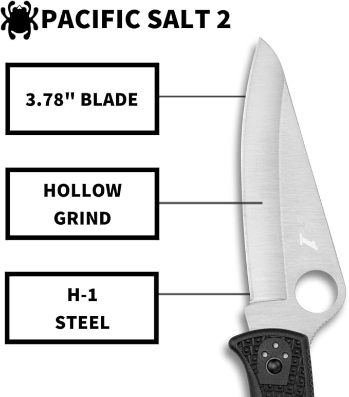 Spyderco Pacific Salt 2 Lightweight Knife with 3.78" Corrosion Resistant H-1 Steel Blade and Black Non-Slip FRN Handle
