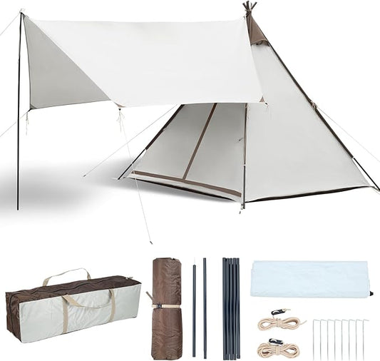 Waterproof 3-4 Person Camping Tent with Awning, Pyramid Teepee Tents for Family, 3 Season Anti-UV Weatherproof, Roomy Tipi Tent for Family Camping, Outdoor, Backpacking, Hiking