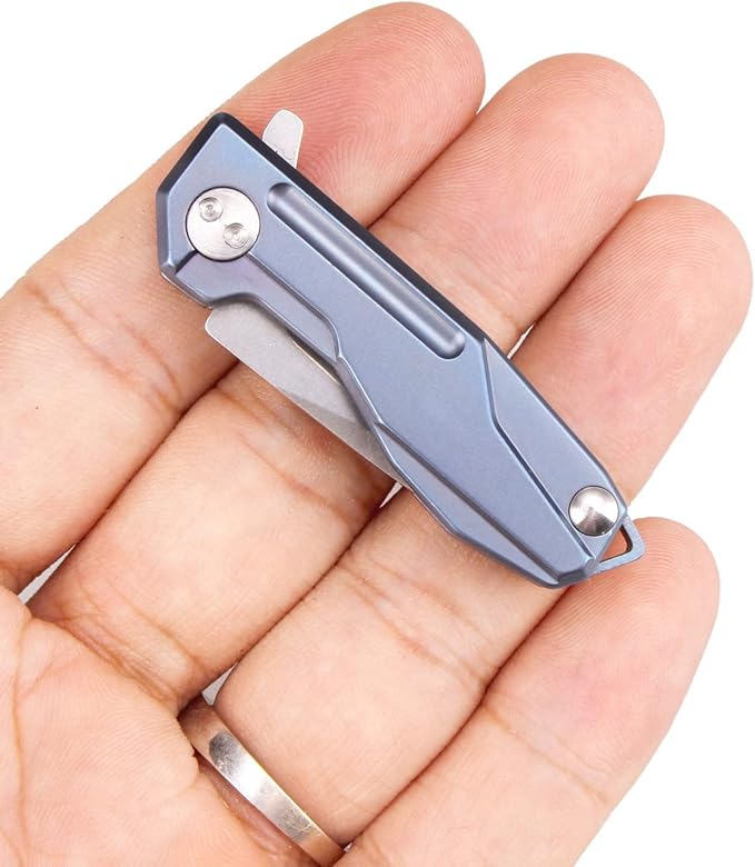 Samior HY002 Ultra Small Little Folding Pocket Flipper Knife, 1.3” D2 Damascus Blade, Blue Titanium Handle with Frame Lock, Mini EDC Keychain Necklace Knives (Blue)