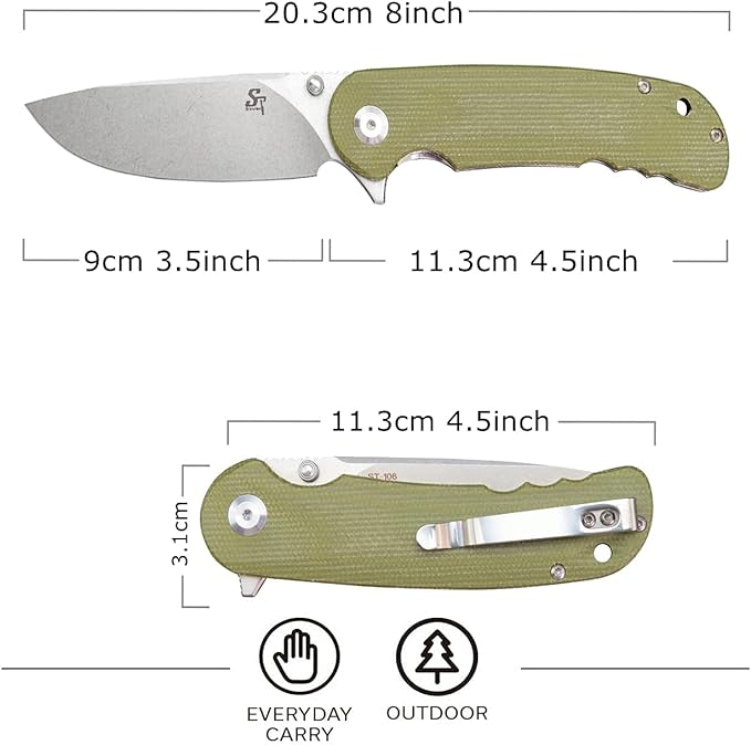 Sitivien ST106 Folding Knife, D2 Blade and Micarta Handle Flipper Pocket Knife, EDC Tool Knife for Outdoor Camping Hiking Survival(Army Green) …