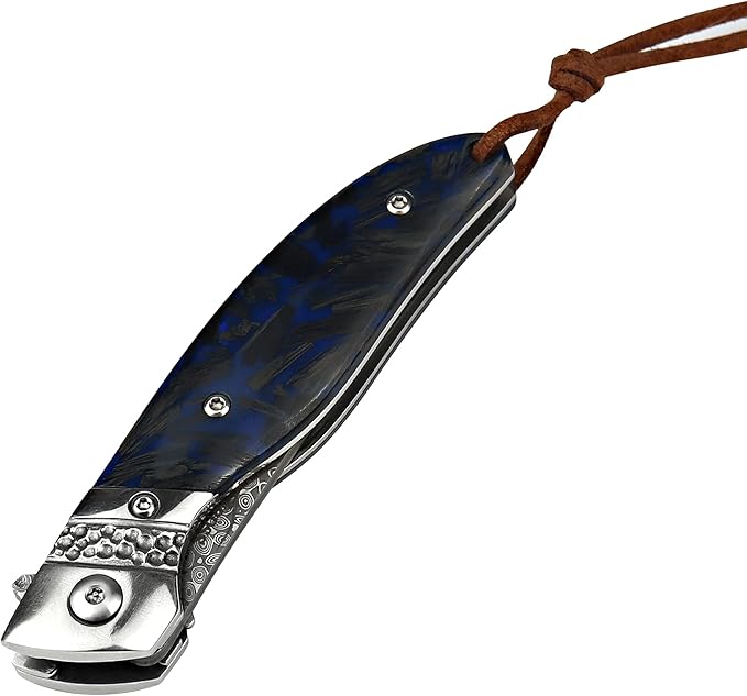 ALBATROSS HGDK028 EDC Sharp Mordern Damascus Folding Pocket Knife with Blue Fluorescent Carbon Handle,Ball Bearing Assisted Opening Knives with Liner Lock Tail rope，Gifts/Collections