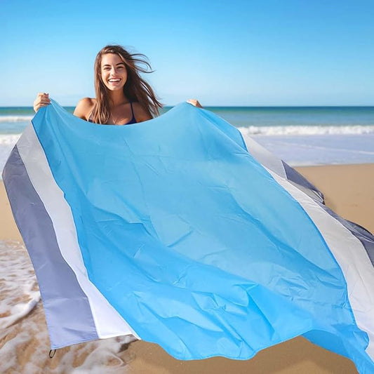 Beach Blanket Sandproof Waterproof, Large Beach Mat Lightweight Portable Quick Drying for Picnic Camping Hiking Travel Beach Accessories (1, BlueWhiteGrey, 83x79 Inches)