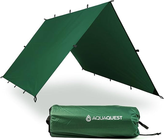 AquaQuest Defender Camping Tarp - Heavy Duty Tent Shelter or Rain Fly - Waterproof Camping Essentials for Hiking, Bushcraft & Hammock, 10 x 10 ft, Forester Green