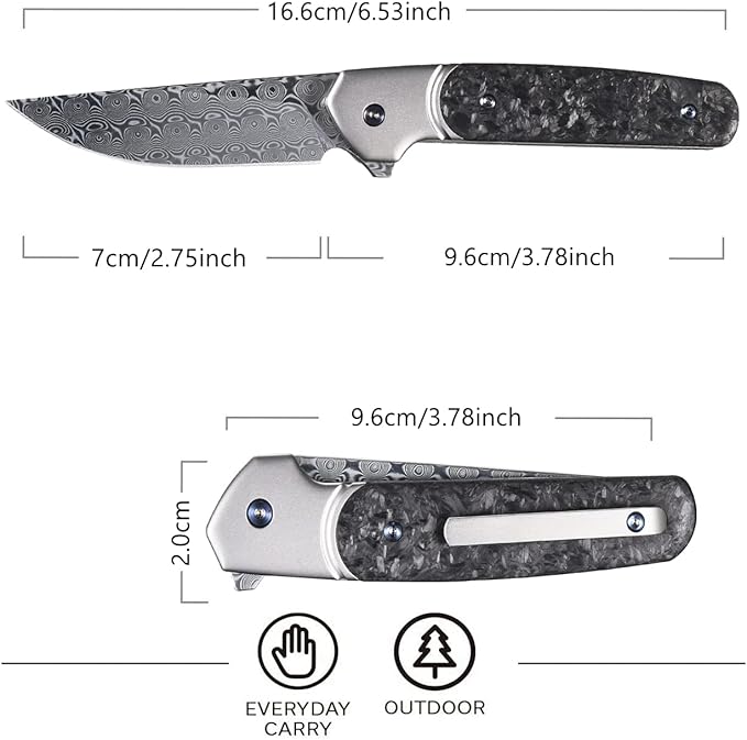 Sitivien ST252 Damascus Steel Folding Knife,Damascus Blade,Titanium Carbon Fiber Handle EDC Knife for Outdoor Camping Hiking(Gray) …
